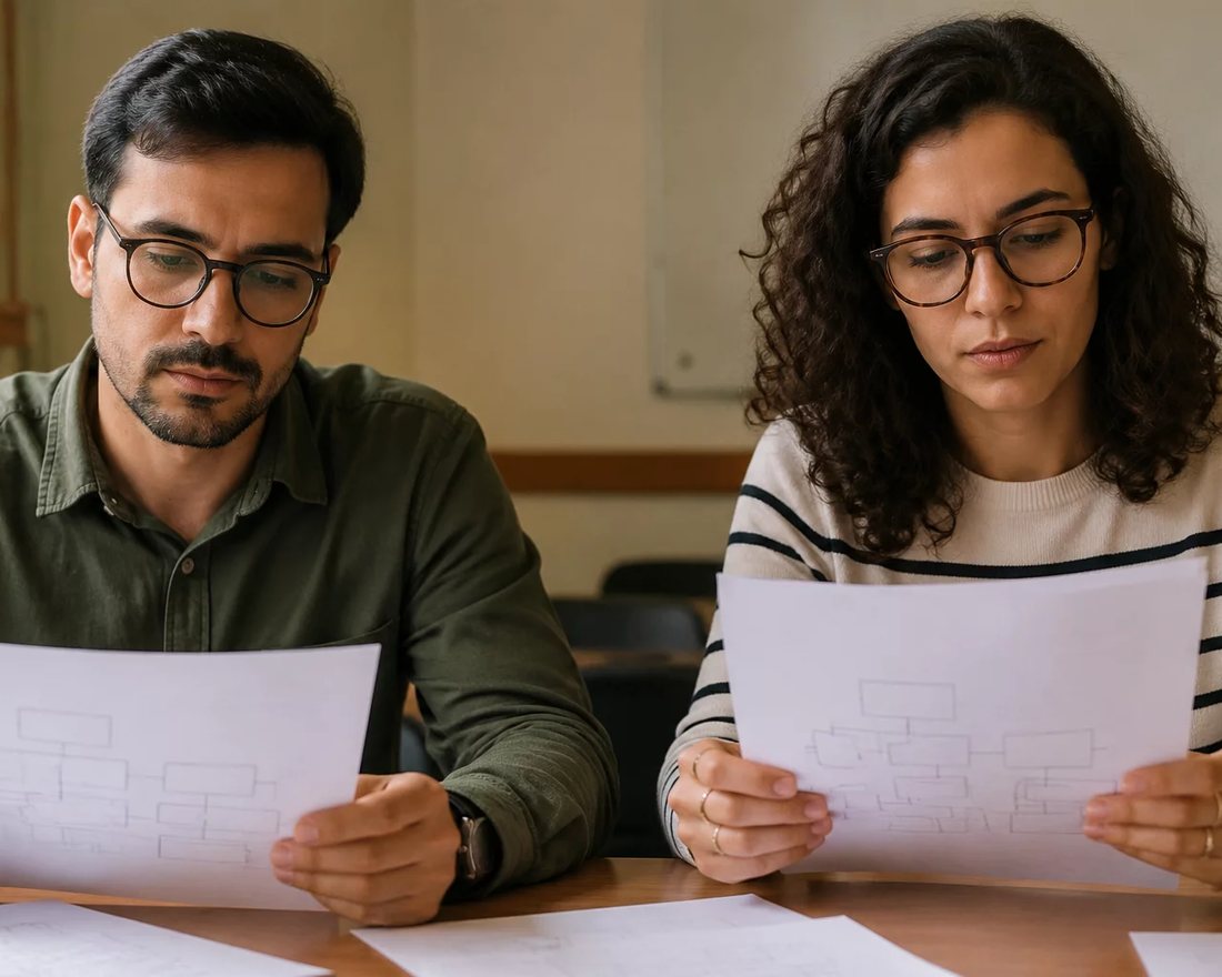 Dupla discute em pé entre as estantes de uma biblioteca, cada um sustentando o seu ponto