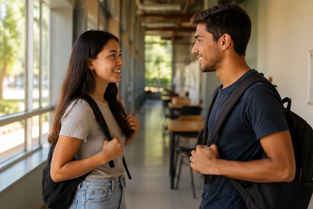 Dois estudantes de mochila continuam a discussão no corredor depois da sessão