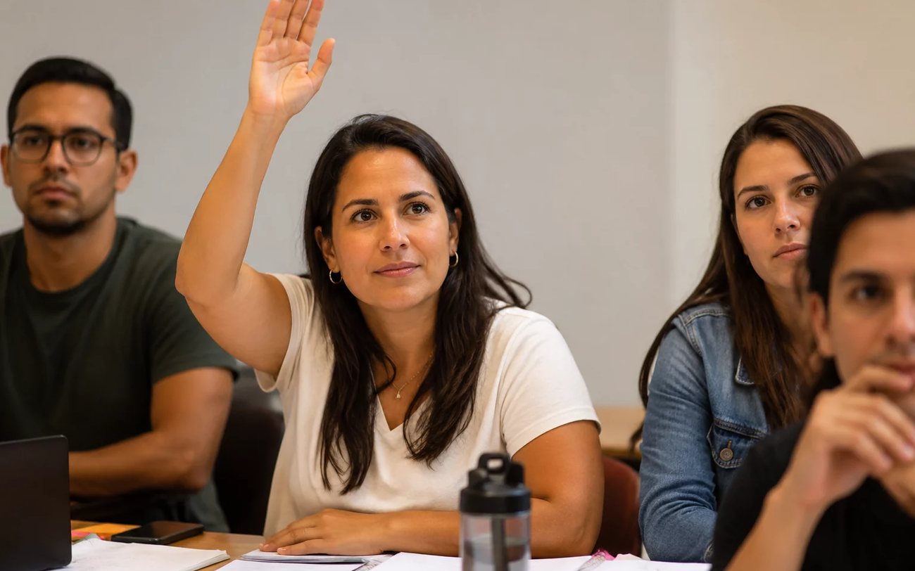 Grupo pequeno reunido em volta da mesa, ouvindo a fala de quem tem a palavra