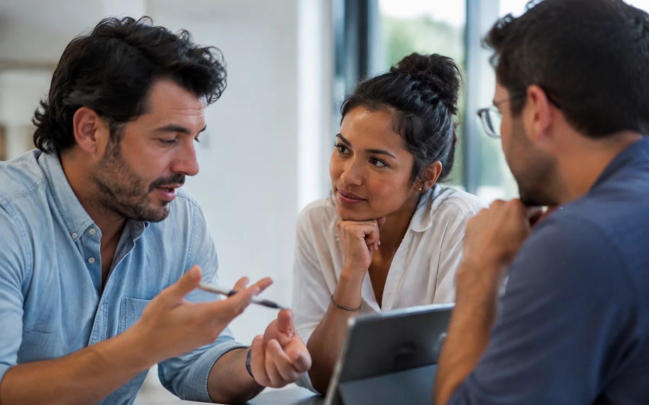 Roda de conversa numa sala clara, com uma pessoa expondo o ponto e duas escutando